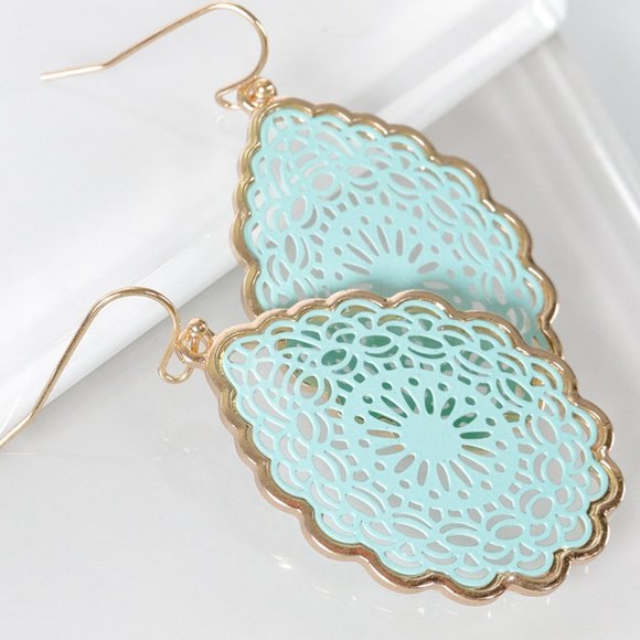 Pomina Teardrop Mint Celtic Filigree Dangle Oval Gold Trim Fishhook Earrings 22$
